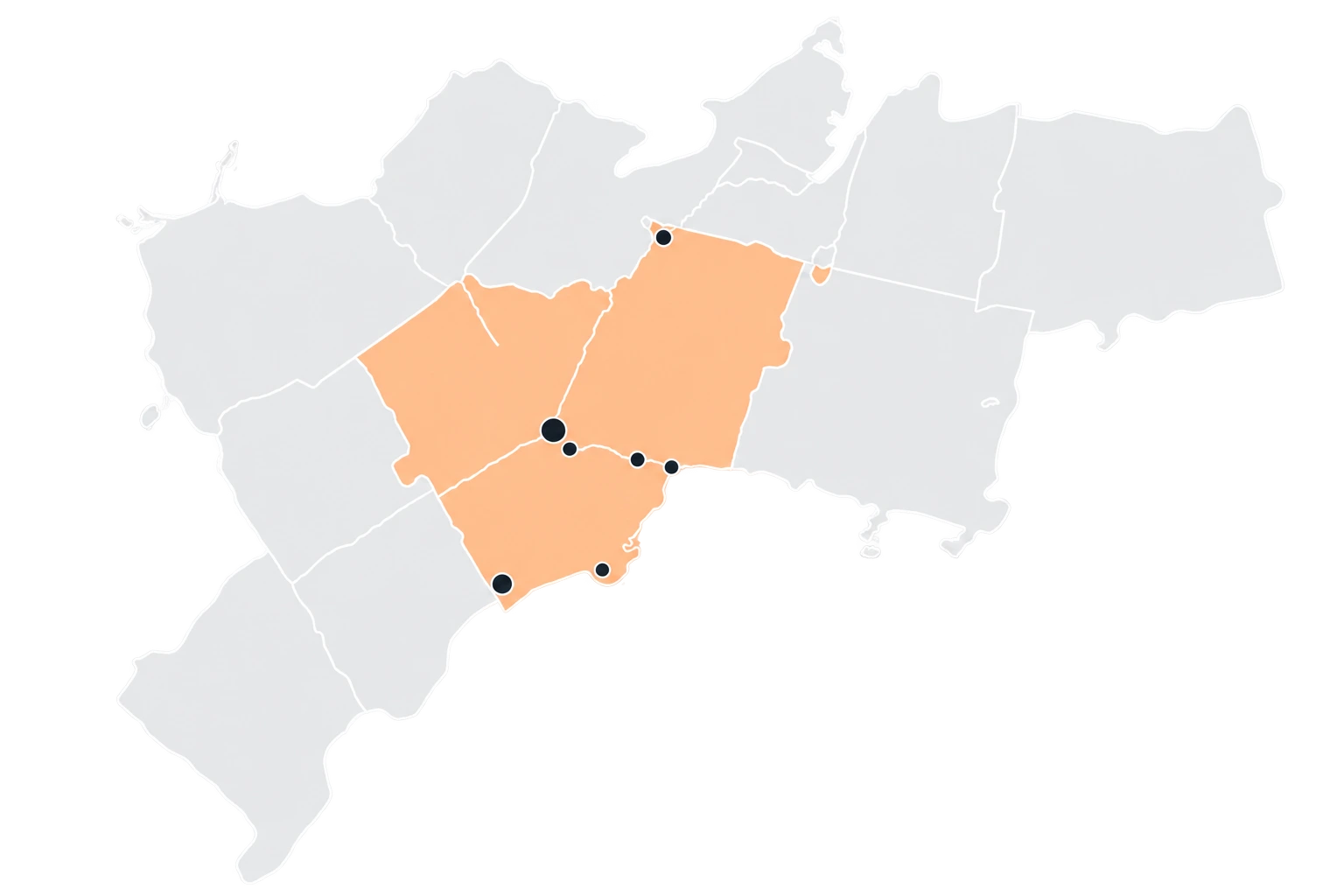 Map of the Greater Toronto Area with DDM Bin Rentals service locations highlighted