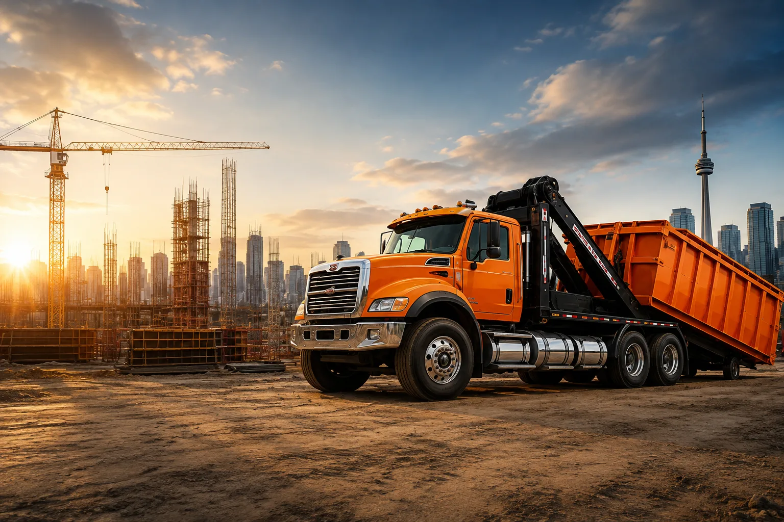 Orange DDM Bin Rentals roll-off truck at a Toronto construction site
