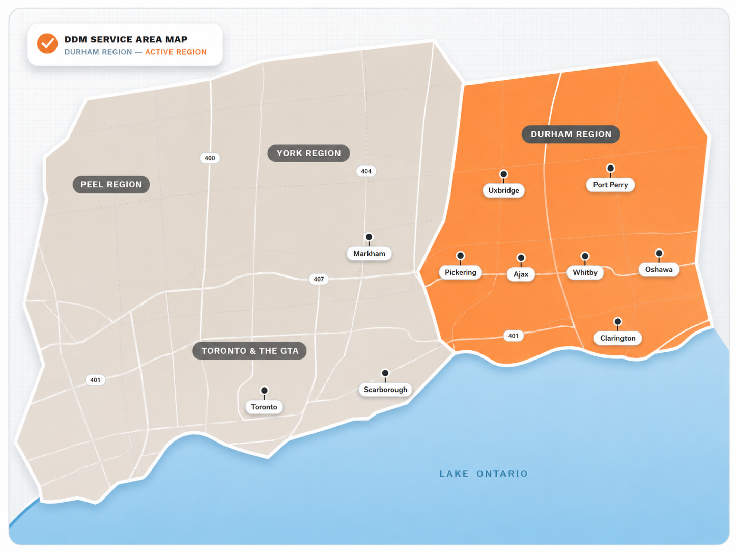 Map of DDM Bin Rentals service areas with Durham Region highlighted.