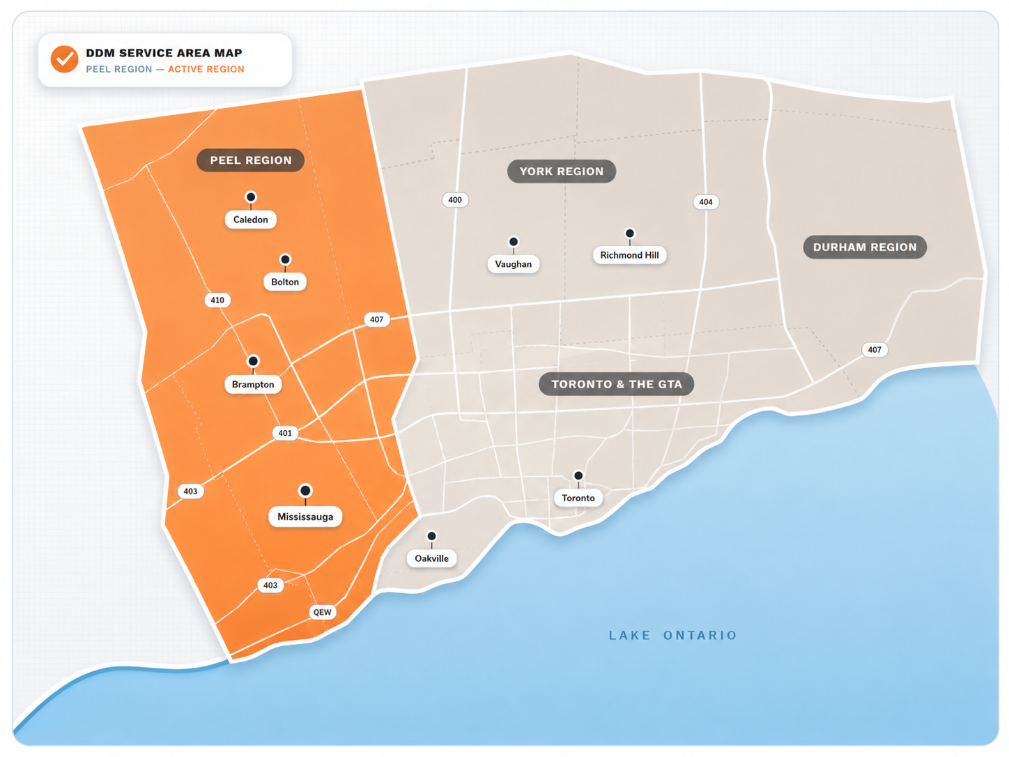 Map of DDM Bin Rentals service areas with Peel Region highlighted.