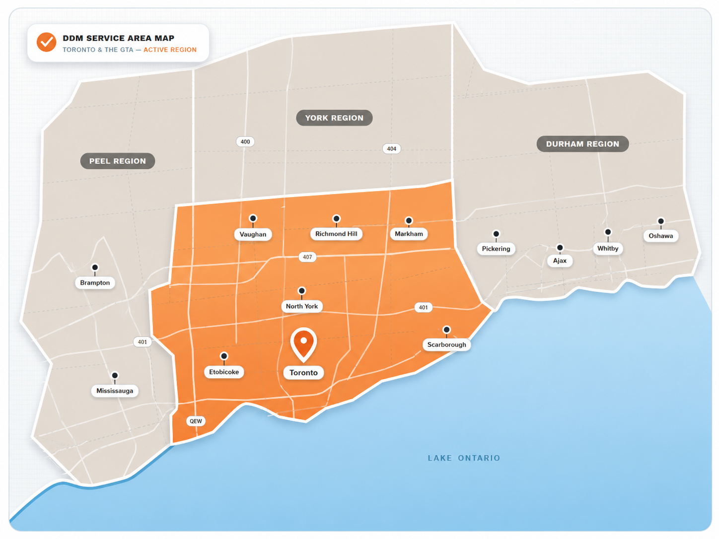 Map of DDM Bin Rentals service areas with Toronto and the GTA highlighted.
