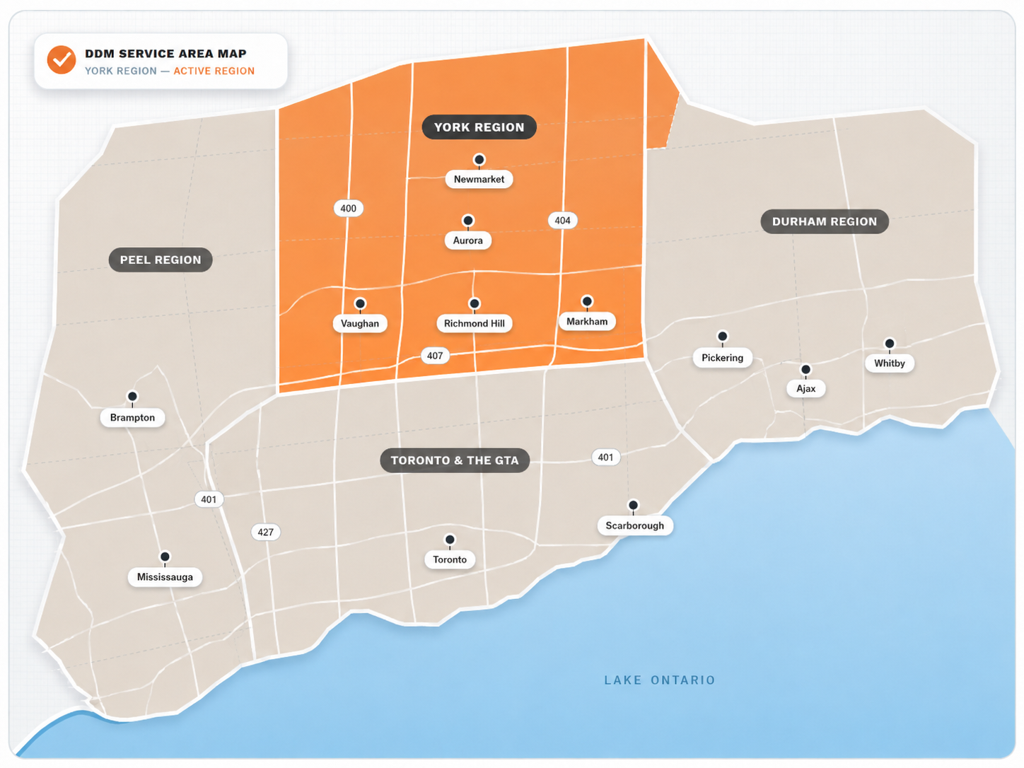 Map of DDM Bin Rentals service areas with York Region highlighted.